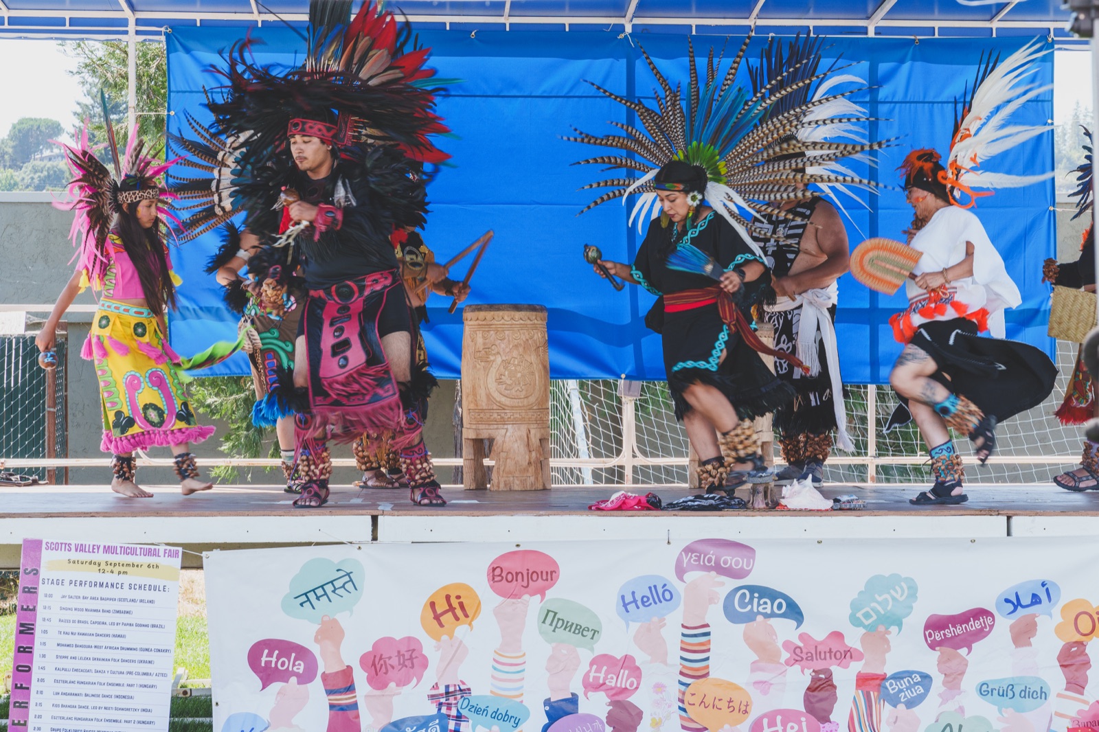Dancers in full regalia perform on stage at the Scotts Valley Multicultural Fair