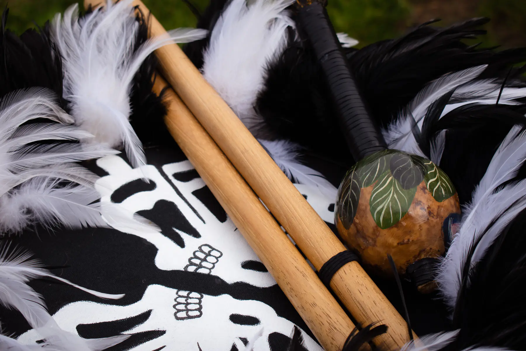 Close-up of ceremonial regalia: huehuetl drum sticks, feathers, and a painted gourd rattle