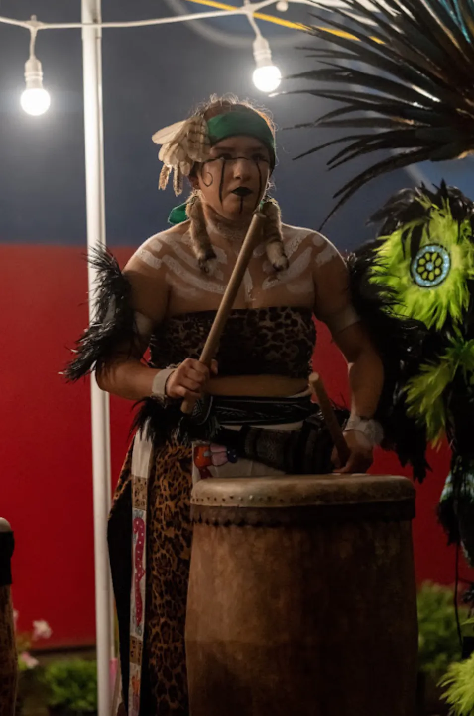 A huehuet drummer plays during the ceremony